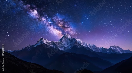 Stunning Night Sky Over Snow-Capped Mountain Range with Milky Way Galaxy in the Background