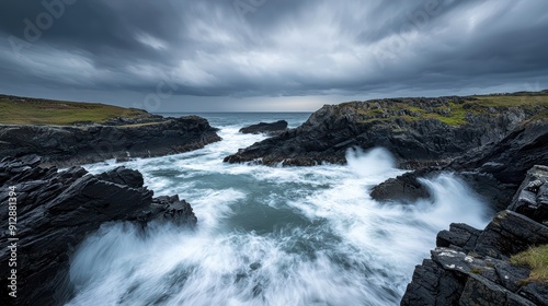 Dramatic Coastal Landscape with Rocky Cliffs and Stormy Sky Overlooking the Ocean Waves Crashing Against the Shore