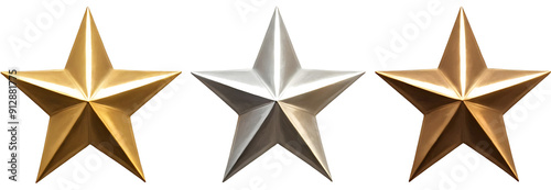 Three metallic stars in gold, silver, and bronze finishes. Perfect for awards, ranking systems, or decorative designs. (Transparent PNG background)
