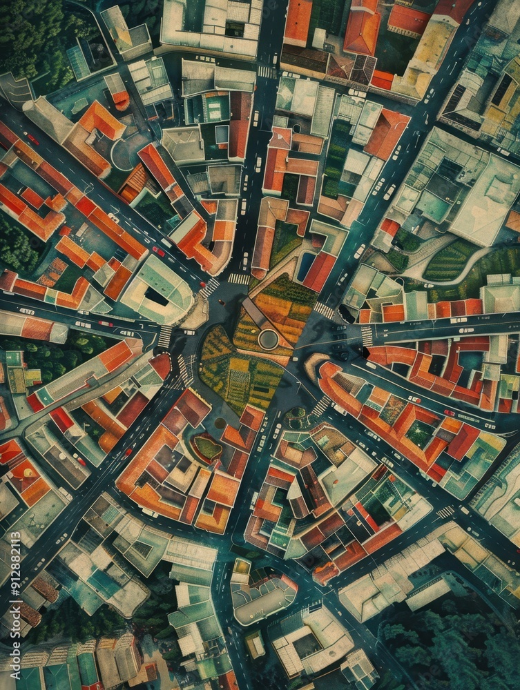 Obraz premium Aerial view of a vibrant cityscape with colorful buildings arranged radially around a central plaza, showcasing urban planning and diverse architecture.