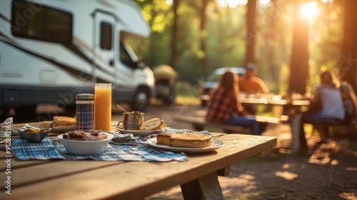 Fototapeta Naklejka Na Ścianę i Meble -  Camping outdoors and cooking at the picnic table with an RV trailer in the background, Outdoor summer holiday leisure, tourist group, or family.