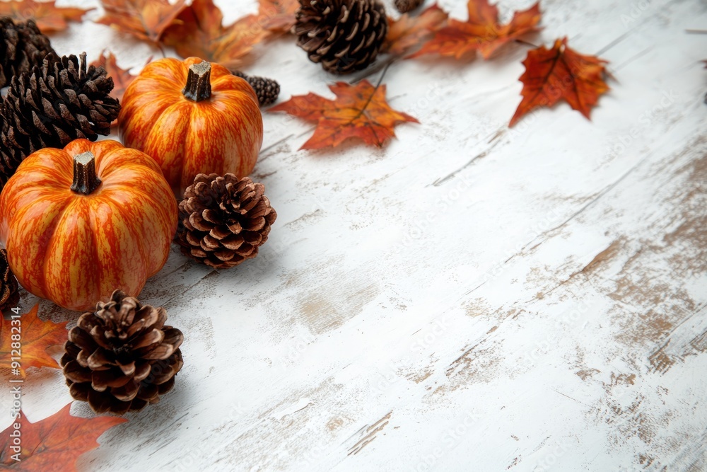 Fototapeta premium Two Mini Pumpkins, Pine Cones, and Fall Leaves on Whitewashed Wood