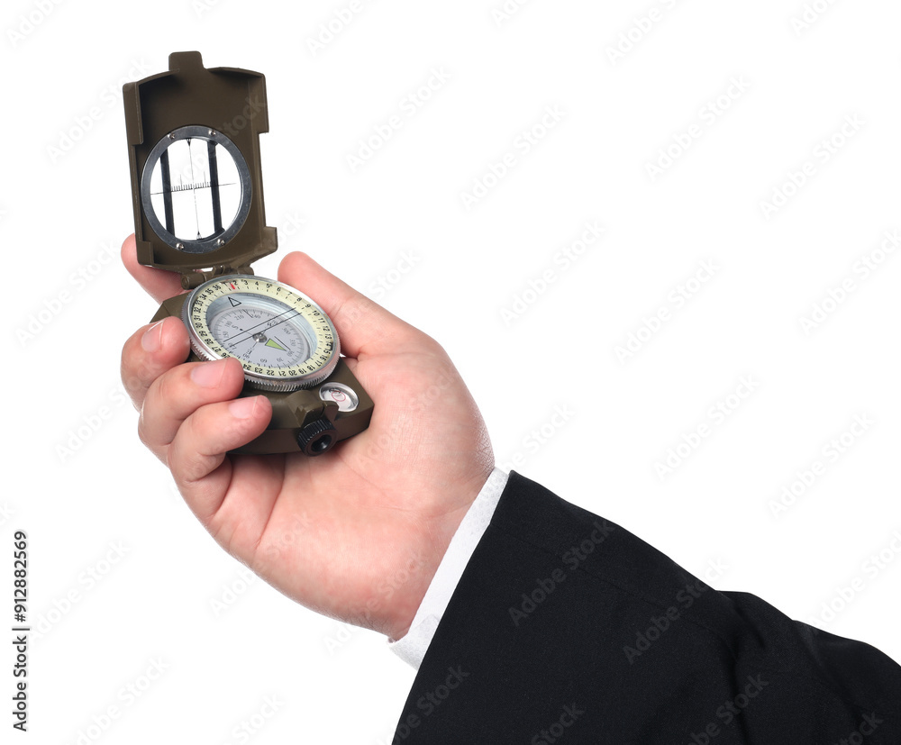 Man holding compass on white background, closeup Man holding compass on white background, closeup