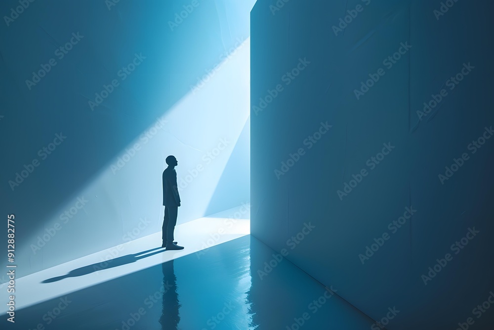 Fototapeta premium Man Silhouette Standing in a Room with a Light Beam