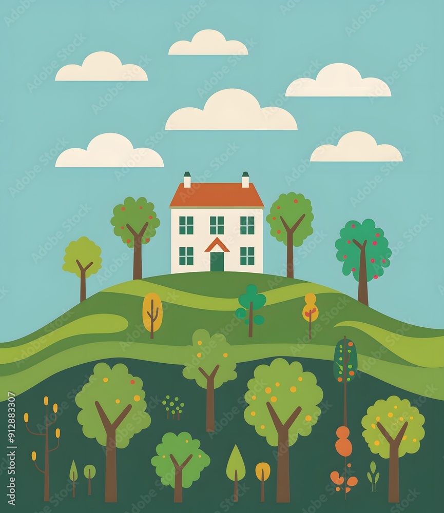 Cute House with Green Trees and Blue Sky Illustration Cute House with Green Trees and Blue Sky Illustration