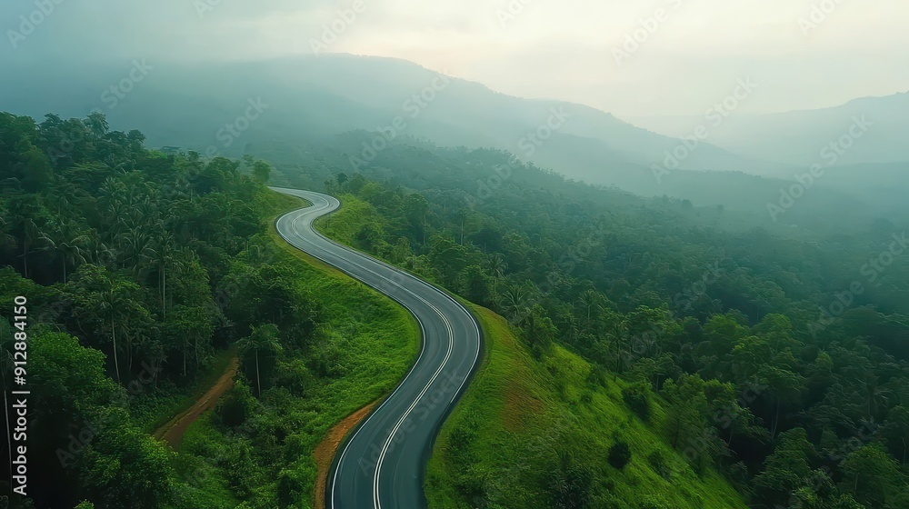 Fototapeta premium Aerial view asphalt road on green forest