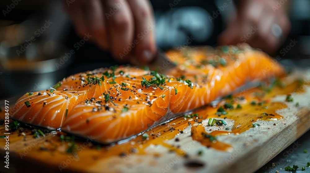 Close-up of Hands Preparing Delicious Fresh Salmon Fillet on Rustic Wooden Cutting Board Close-up of Hands Preparing Delicious Fresh Salmon Fillet on Rustic Wooden Cutting Board
