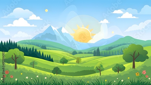 Wallpaper Mural Beautiful Green Meadow Landscape With Sun And Mountains Torontodigital.ca
