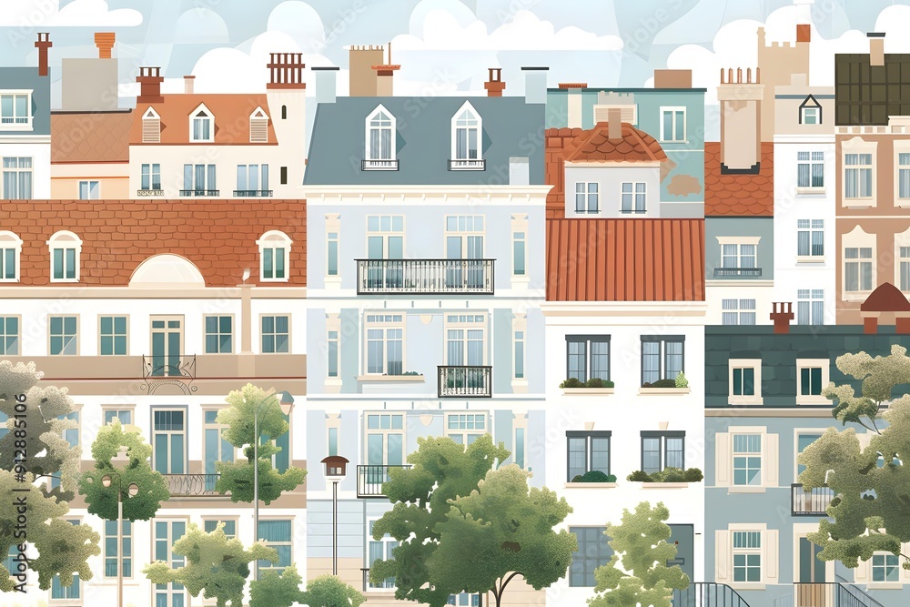 Colorful Illustration of European Cityscape with Buildings and Trees Colorful Illustration of European Cityscape with Buildings and Trees