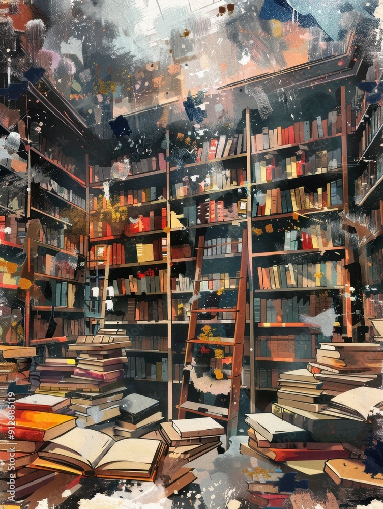 A cozy, cluttered library filled with countless books, vibrant colors, and towering shelves illuminated by gentle, warm light. A cozy, cluttered library filled with countless books, vibrant colors, and towering shelves illuminated by gentle, warm light.