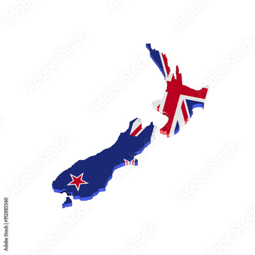 3D map of New Zealand with New Zealand flag 