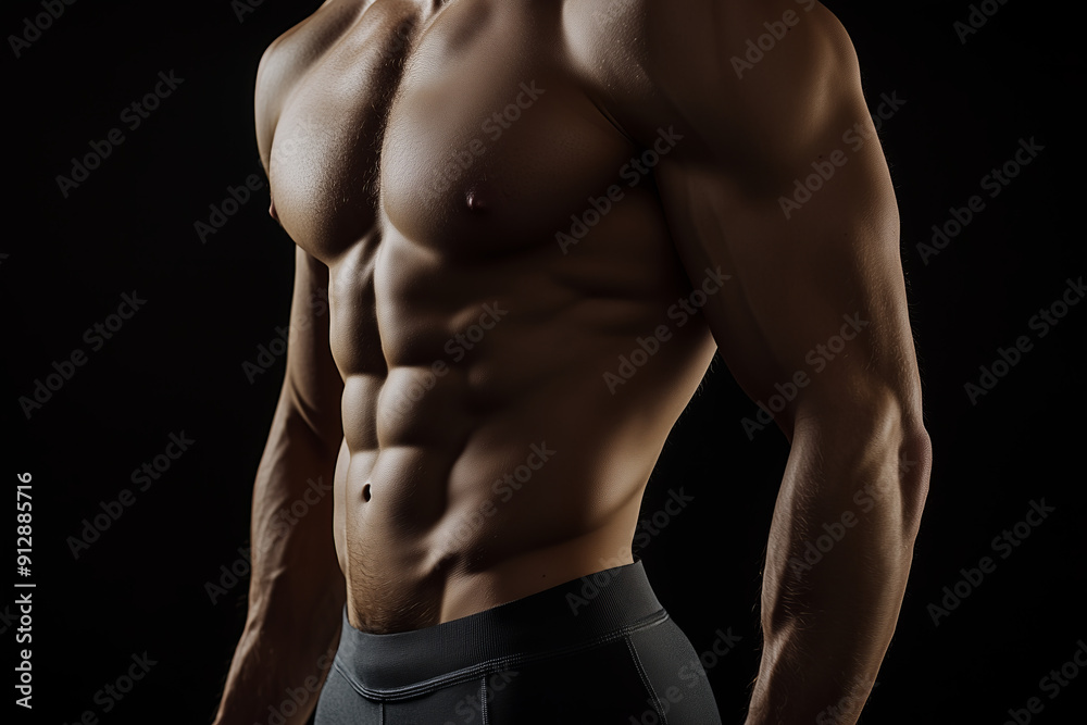 Fototapeta premium Fit strong muscular man posing, belly abdominal detail cut close up, against dark black background with copy space. Fitness and workout concept.