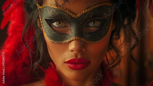 Close-Up Portrait of Sexy Woman with Green Eyes Wearing Black, Gold Lace Mask and Red Feather Boa