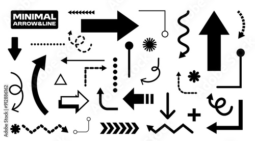 Minimal Line, Arrowhead vector set, Graphic elements design, Hand draw, Stripe, Black Abstravt clip art for decoration, Modern illustration, Vector stock