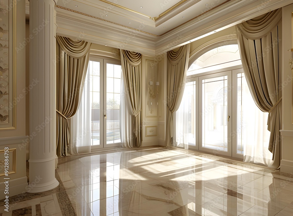 Luxury Interior Design with Large Windows and Elegant Curtains Luxury Interior Design with Large Windows and Elegant Curtains