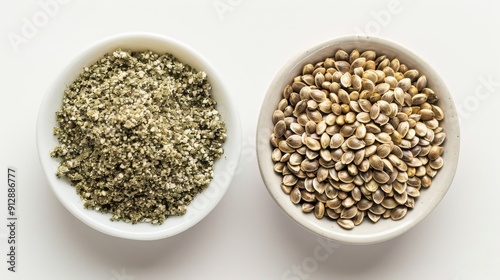 Nutritious Hemp Seeds in White Bowl on White Background