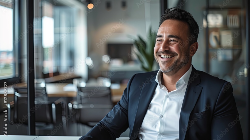 Fototapeta premium Happy business man listening to a discussion in an office boardroom