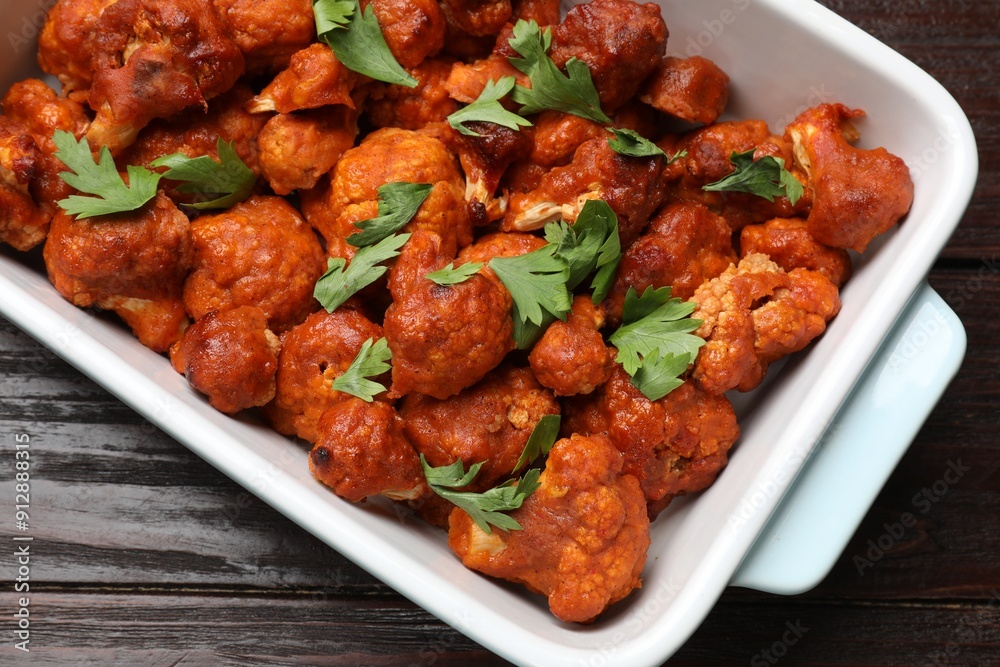 Baked cauliflower buffalo wings with parsley in baking dish on wooden table, top view Baked cauliflower buffalo wings with parsley in baking dish on wooden table, top view