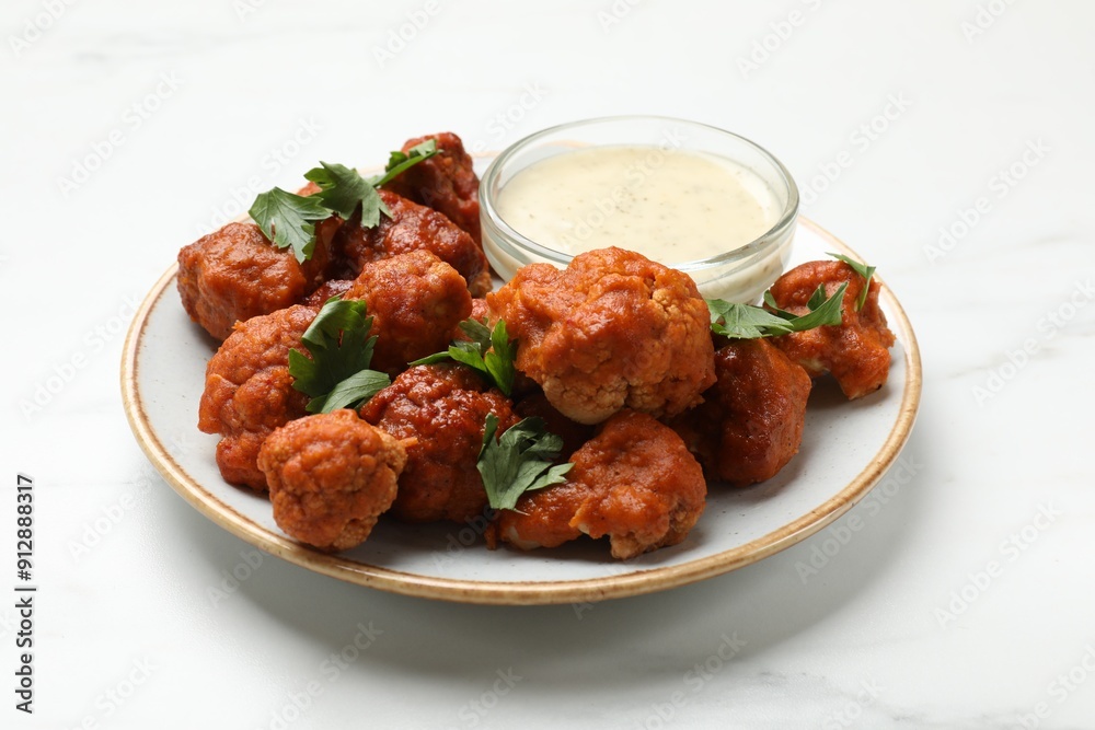 Baked cauliflower buffalo wings with parsley and sauce on white marble table Baked cauliflower buffalo wings with parsley and sauce on white marble table