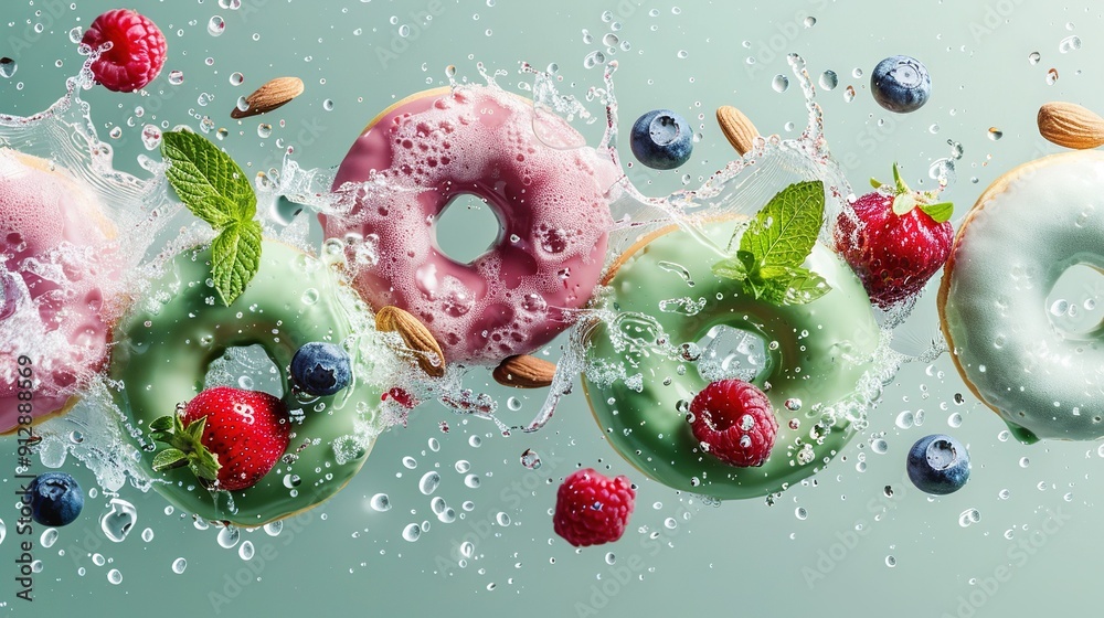 A group of doughnuts in various colors with fruits splattering out onto a green background is an enticing image that's sure to make your taste buds water A group of doughnuts in various colors with fruits splattering out onto a green background is an enticing image that's sure to make your taste buds water
