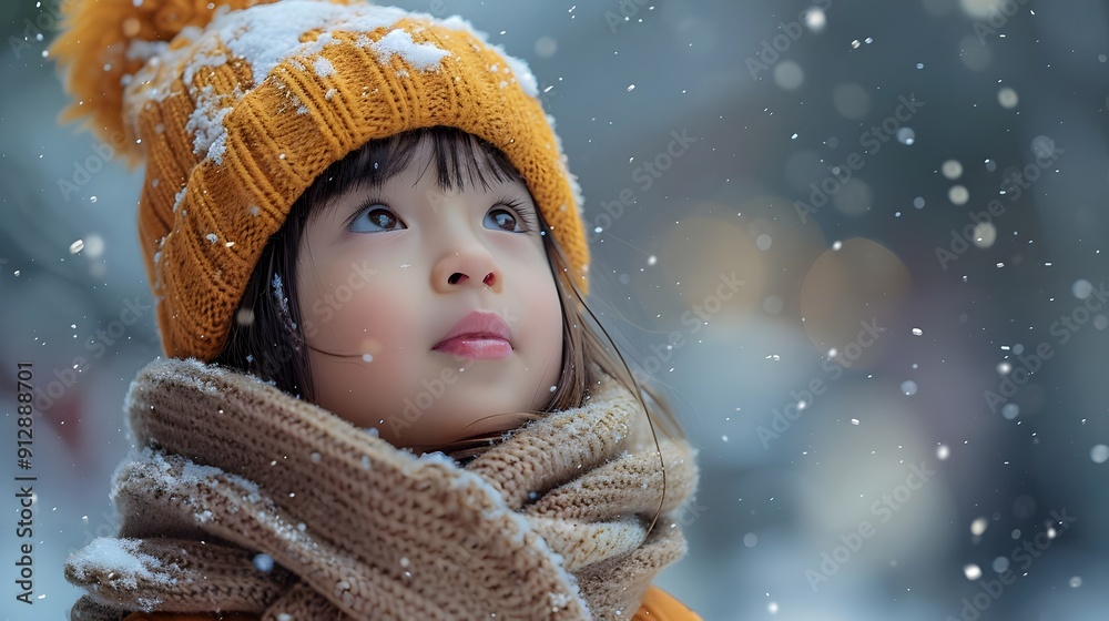 A young girl wearing a yellow hat and scarf is looking up at the sky A young girl wearing a yellow hat and scarf is looking up at the sky