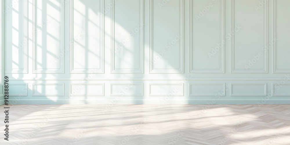 Fototapeta premium Classic French style interior design scene, blank wall color, mint color living room, herringbone wooden parquet floor. Interior of photo studio flooded with light with large panoramic window. Mockup.