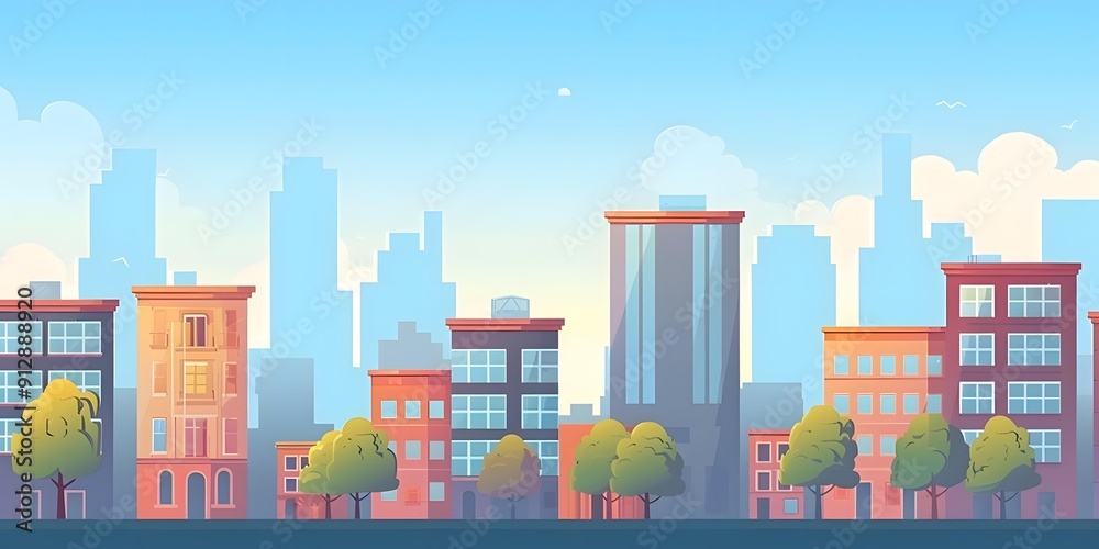 Cartoon Cityscape with Buildings and Trees Cartoon Cityscape with Buildings and Trees