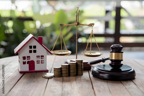 Wooden table with miniature house, golden scales, and gavel, blurred outdoor background photo