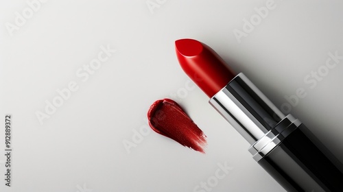 Vibrant red lipstick and a swatch on a clean surface, perfect for beauty and cosmetics themes.