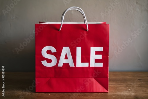 Red shopping bag with SALE in white letters, on wooden surface against grayish wall photo