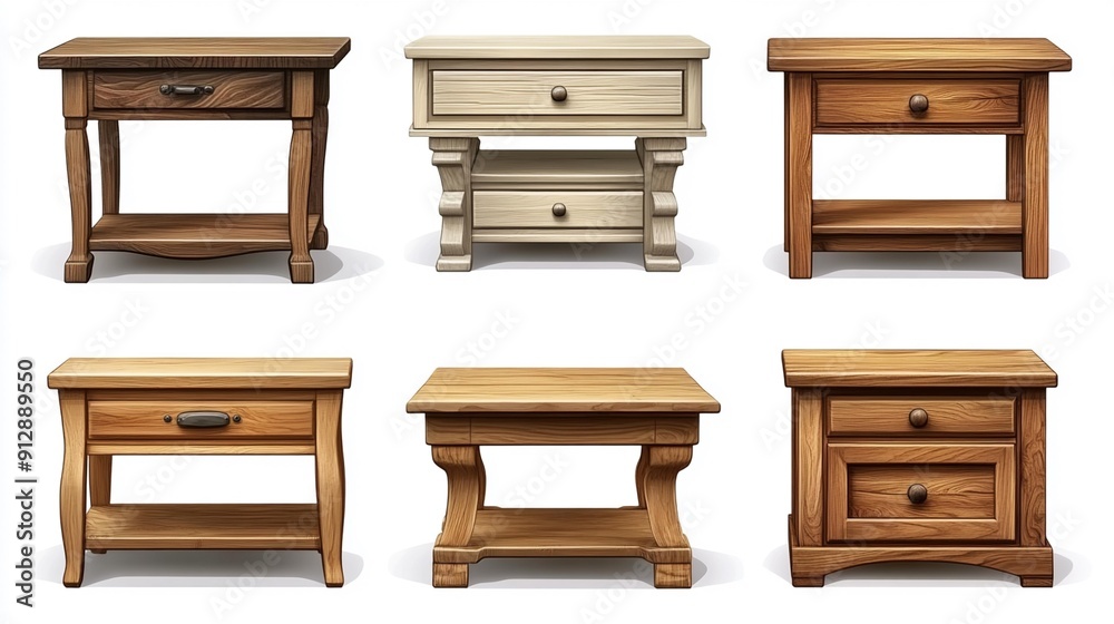 Set of beautifully crafted wood side tables featuring shelves and drawers, isolated on transparent background, Generative AI Set of beautifully crafted wood side tables featuring shelves and drawers, isolated on transparent background, Generative AI
