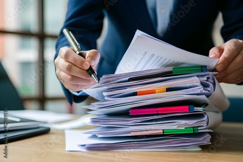 Person works with stacked papers, colorful markers, pen in well-lit room with window photo