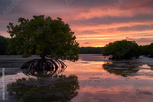 Tranquil sunset over water, mangrove trees with roots in shallow water, peaceful ambiance photo