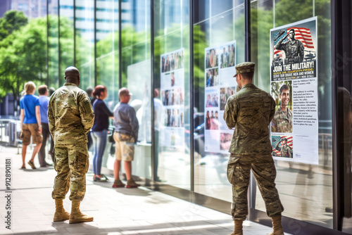 Two soldiers, African American and Caucasian stand outside a building, looking at military recruitment posters. Concept of military recruitment and enlistment promotion, contract career in army