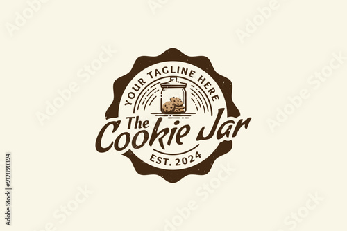 cookie jar logo with a jar filled with cookies, in emblem shape and vintage style, for cookie shop, bakery, snack, cafe, etc.