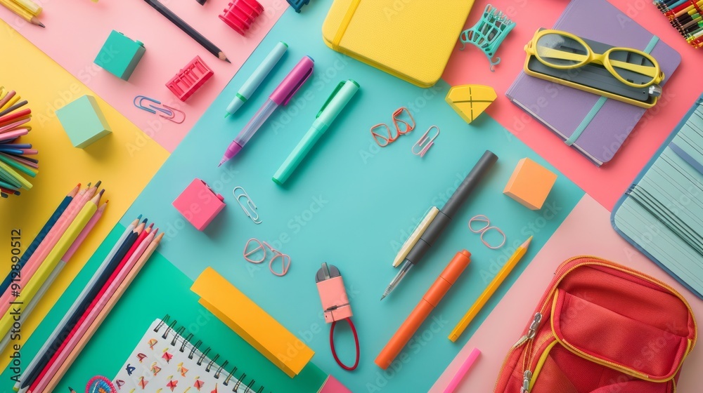 School Supplies Flat Lay, Top-down view of colorful school supplies on colorful background, back-to-school theme with copy space School Supplies Flat Lay, Top-down view of colorful school supplies on colorful background, back-to-school theme with copy space