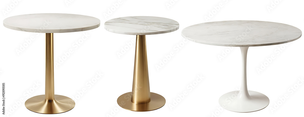 Three round marble dining tables with a white marble top and different pedestal bases: two with a gold metal tulip base, and one with a white tulip base. Perfect for interior design websites, furnitur