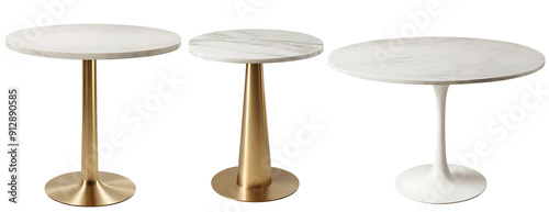 Obraz na płótnie Three round marble dining tables with a white marble top and different pedestal bases: two with a gold metal tulip base, and one with a white tulip base. Perfect for interior design websites, furnitur w salonie