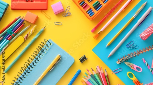 Wallpaper Mural School Supplies Flat Lay, Top-down view of colorful school supplies on colorful background, back-to-school theme with copy space Torontodigital.ca