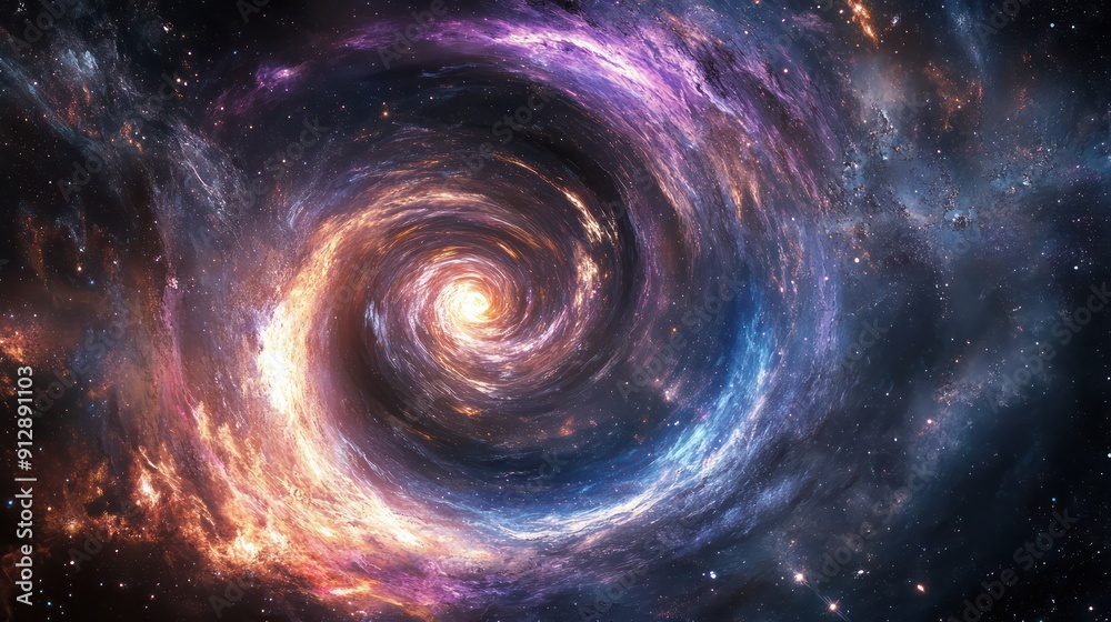 A spiral galaxy with a bright yellow center. The spiral is surrounded by a blue and purple halo. The galaxy is filled with stars and is surrounded by a dark void A spiral galaxy with a bright yellow center. The spiral is surrounded by a blue and purple halo. The galaxy is filled with stars and is surrounded by a dark void