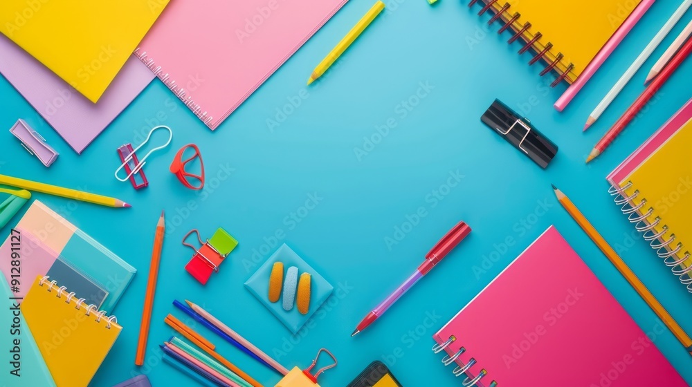 School Supplies Flat Lay, Top-down view of colorful school supplies on colorful background, back-to-school theme with copy space School Supplies Flat Lay, Top-down view of colorful school supplies on colorful background, back-to-school theme with copy space