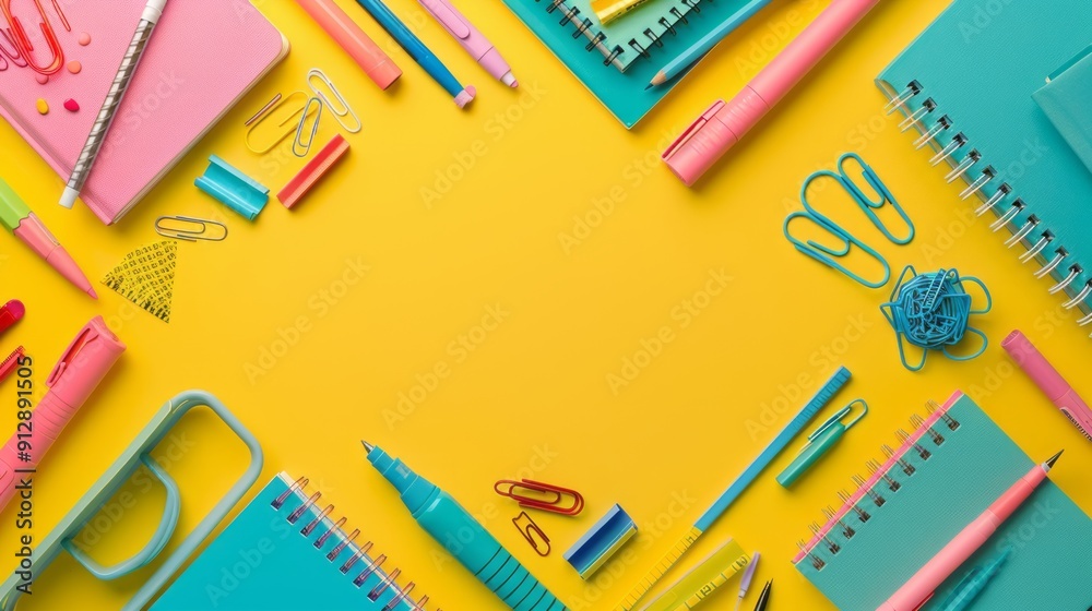 School Supplies Flat Lay, Top-down view of colorful school supplies on colorful background, back-to-school theme with copy space School Supplies Flat Lay, Top-down view of colorful school supplies on colorful background, back-to-school theme with copy space