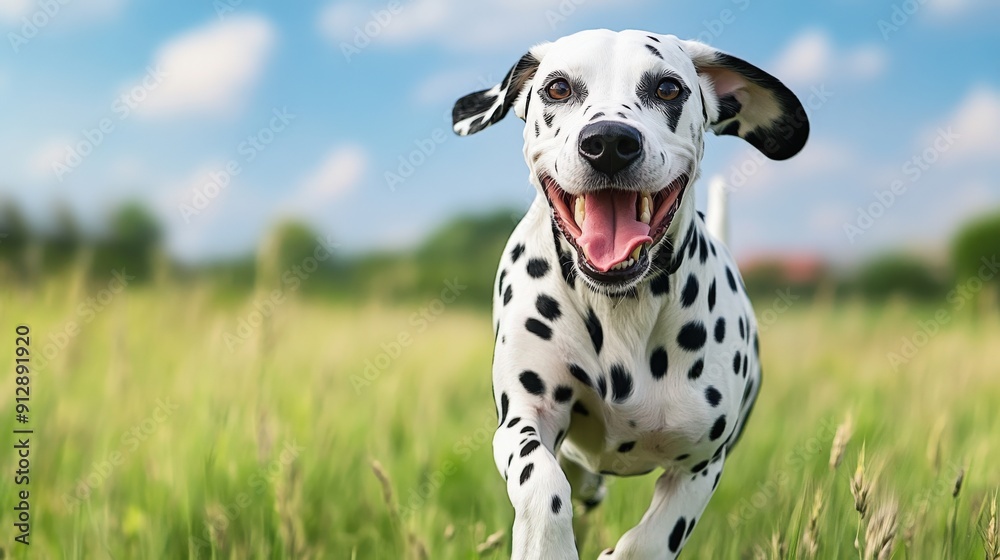 A happy Dalmatian dog is running through a field of grass A happy Dalmatian dog is running through a field of grass