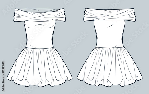 Off Sholder Dress with poplin bottom technical fashion illustration. Draped Mini Dress fashion flat technical drawing template, balloon skirt, front and back view, white, women Dress CAD mockup.