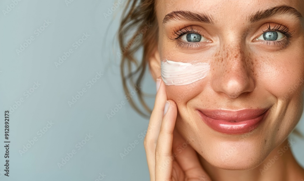 Beautiful Woman Applying Cream to Her Face, Skincare Routine Beautiful Woman Applying Cream to Her Face, Skincare Routine