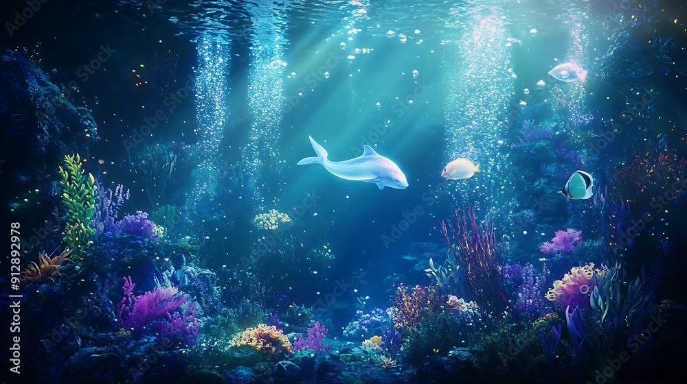 Fototapeta premium A Dolphin and Fish Swimming Through an Underwater Coral Reef