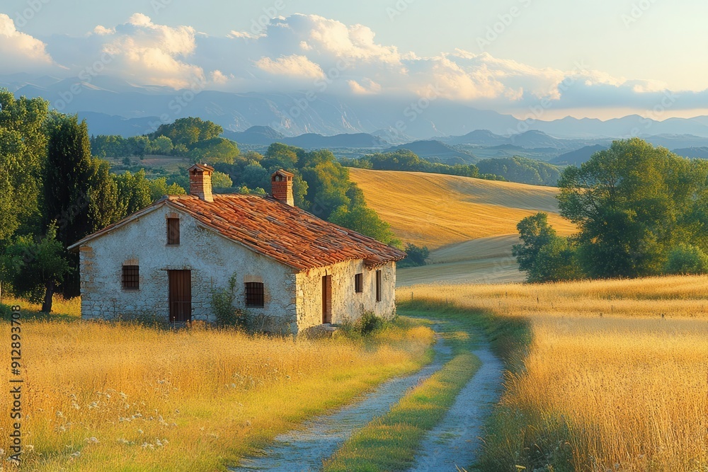 idyllic medieval farmhouse bathed in golden sunset light rolling countryside distant mountains and billowing clouds create a romantic pastoral scene reminiscent of a fairytale illustration idyllic medieval farmhouse bathed in golden sunset light rolling countryside distant mountains and billowing clouds create a romantic pastoral scene reminiscent of a fairytale illustration