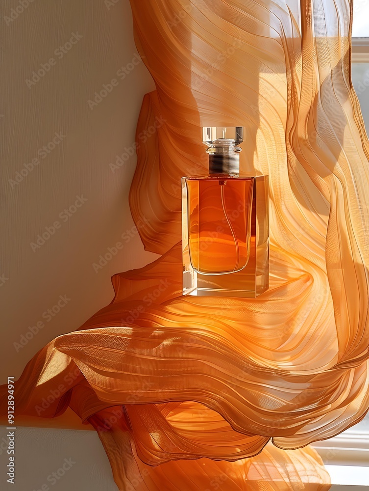 Naklejka premium Orange Sheer Fabric Draped Over Perfume Bottle