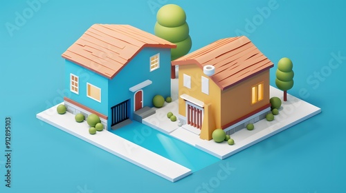 Low Poly Style 3D Illustration of Two Houses with a Canal and Trees