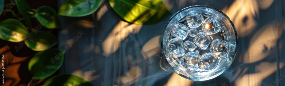 Glass object hanging on a wall with leaves, Drink background, Banner, Copy space Glass object hanging on a wall with leaves, Drink background, Banner, Copy space